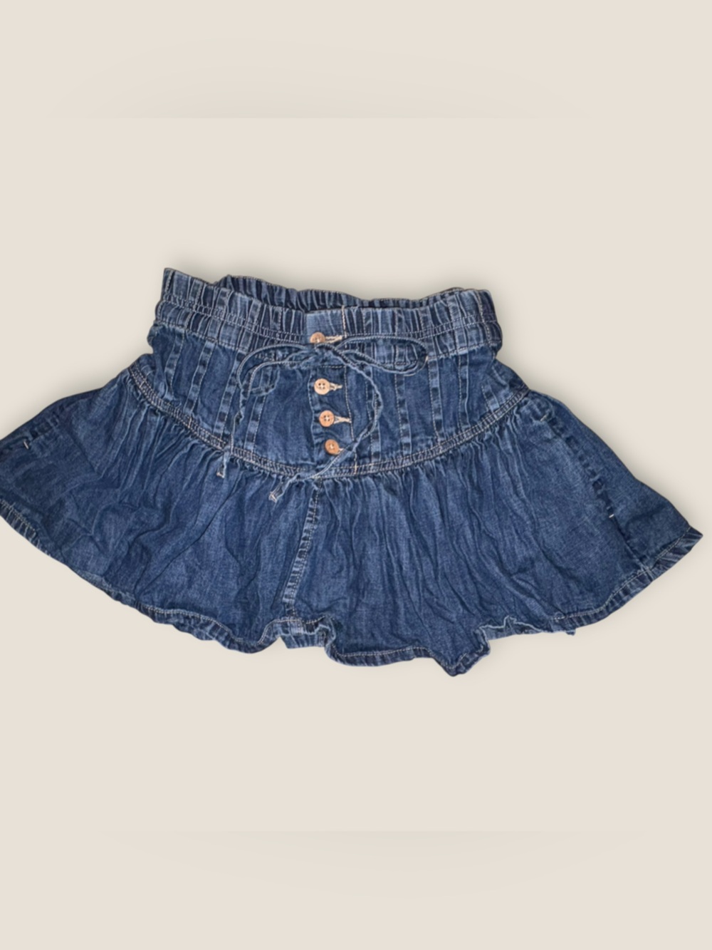 Free People Boho 100% Cotton Blue Denim Look Button Tie Waist Ruffle Mini Skirt